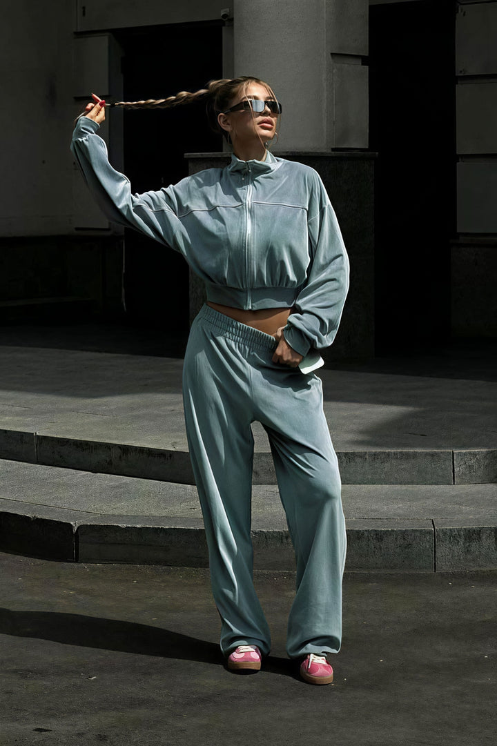 Duttini | Velvet Collar Zipper Long Sleeve Two Piece Set