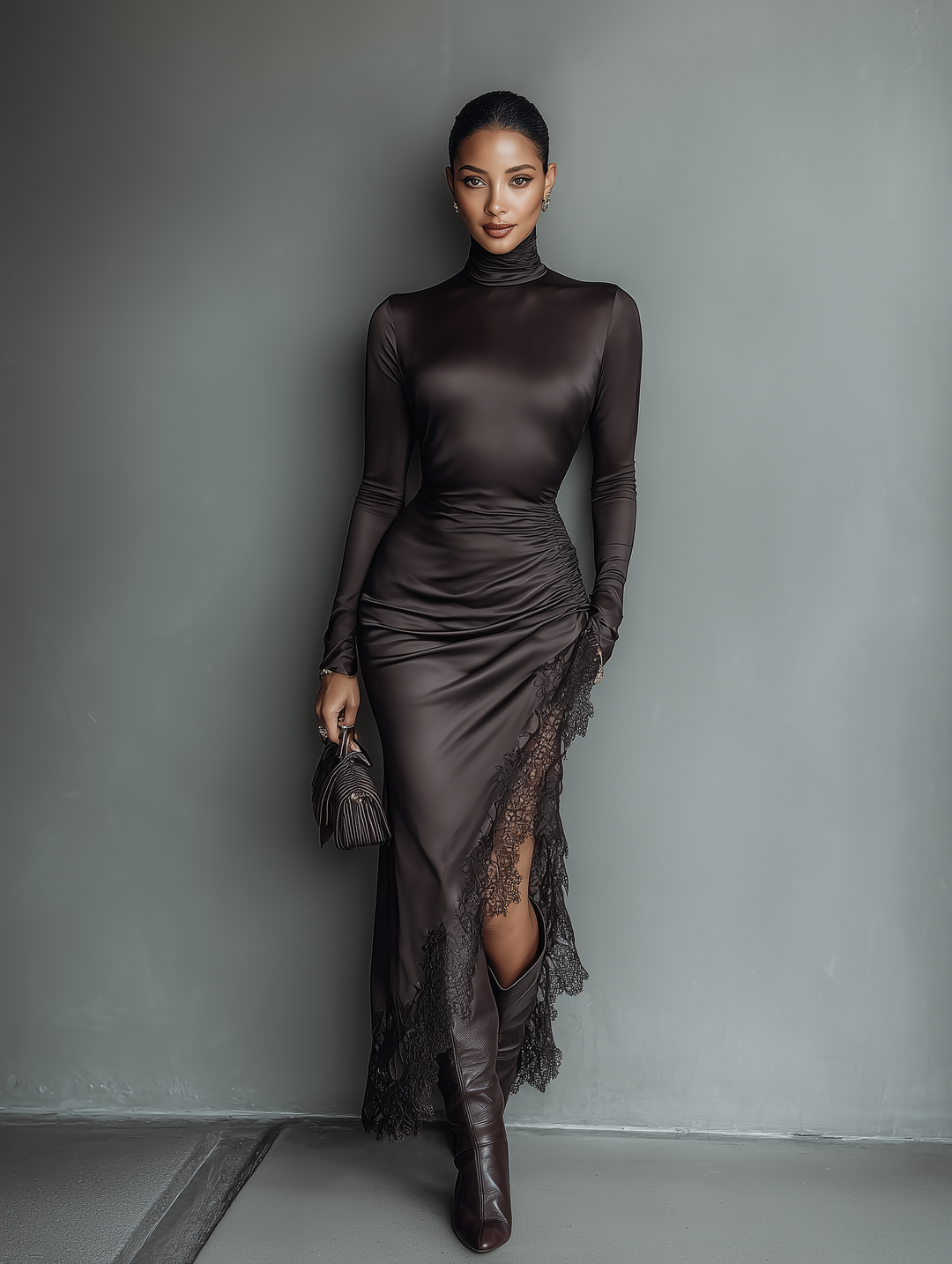 Duttini | Dark Brown Satin Irregular Hem Dress