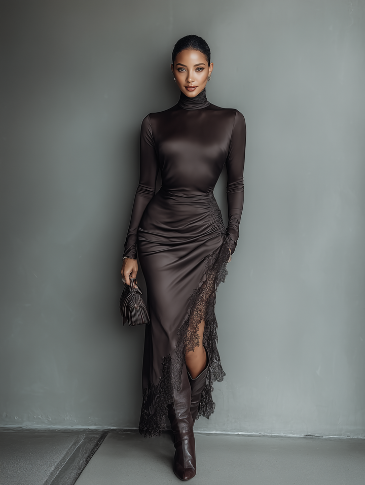 Duttini | Dark Brown Satin Irregular Hem Dress
