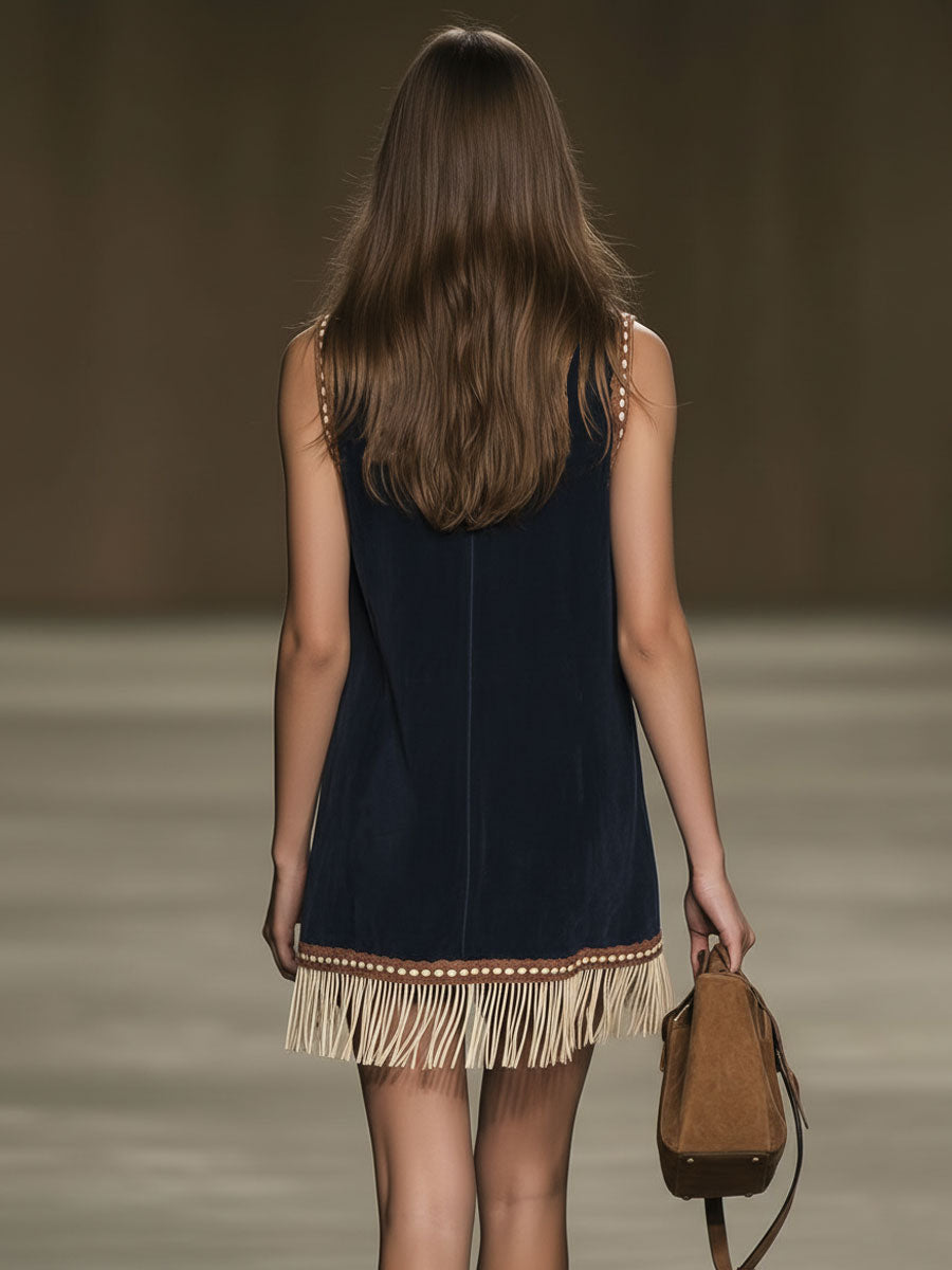 Duttini | Red Faux Suede Tassel Western Dress