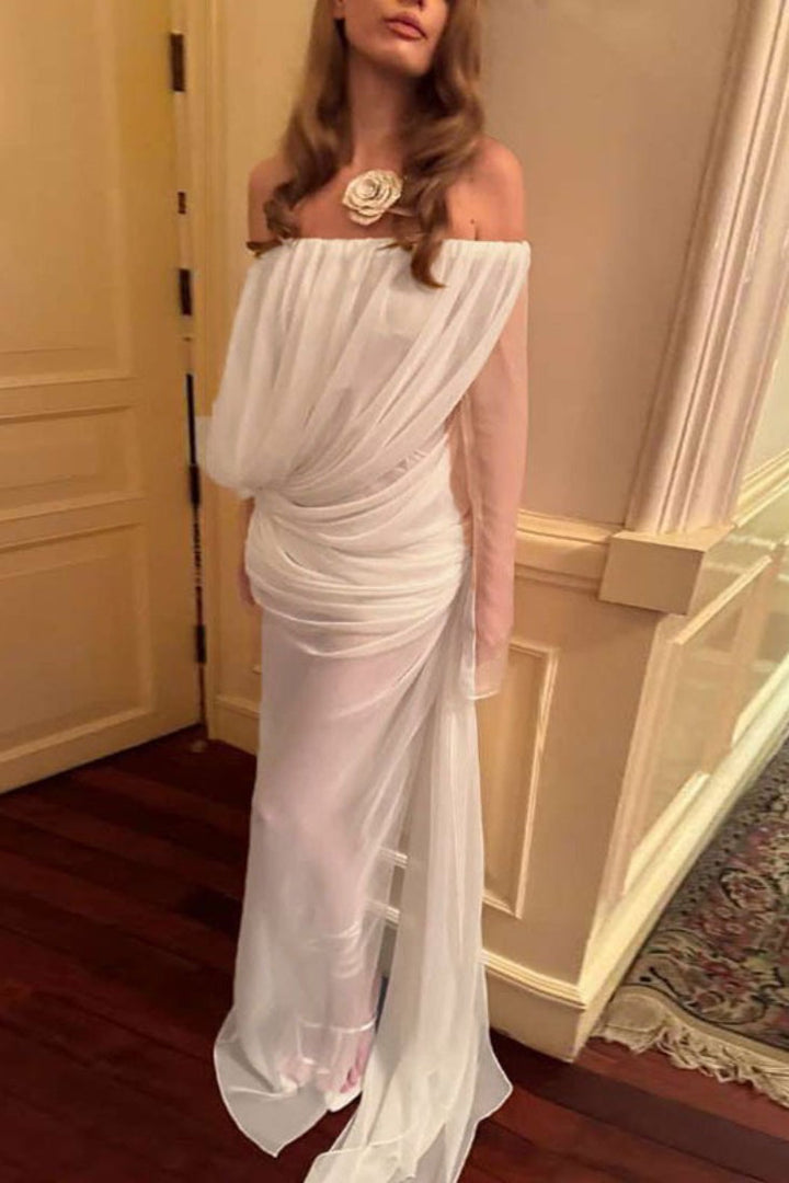 Duttini | Solid Mesh Sheer Off Shoulder Ruched Maxi Dress