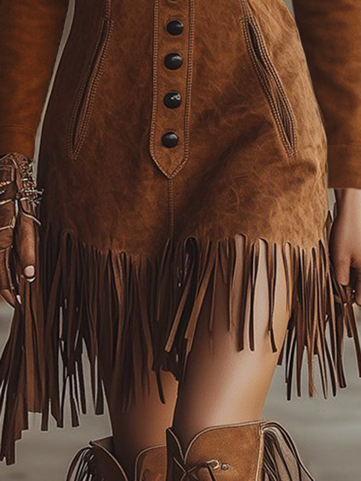 Duttini | Brown Faux Suede Tassel Casual Dress