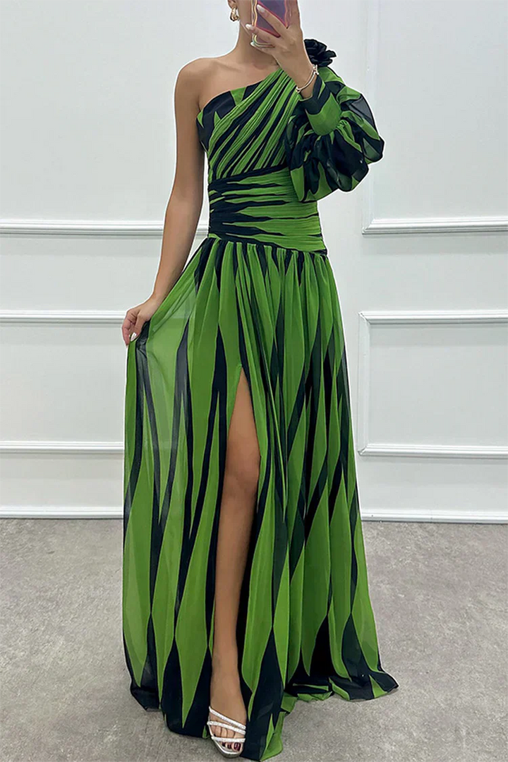Duttini | Flowing Wedding Guest One Shoulder Asymmetric Maxi Dress