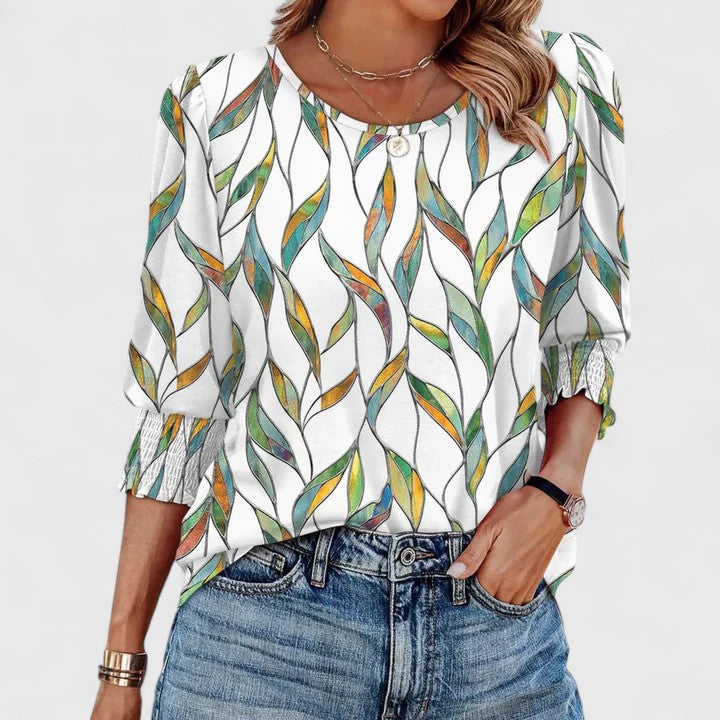 Duttini | Graceful Smocked Cuff 3/4 Sleeve Crew Neck Top