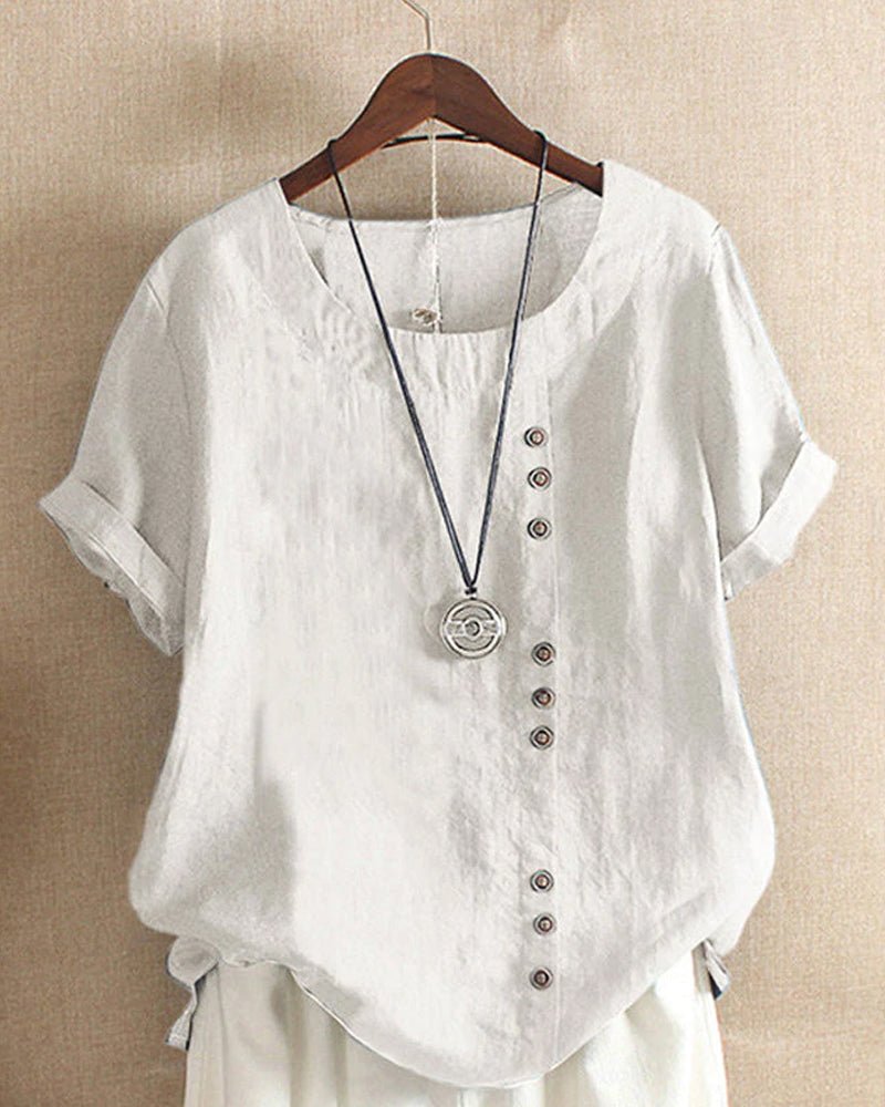 Duttini | Romantic Button Front Crew Neck Short Sleeve Casual Top