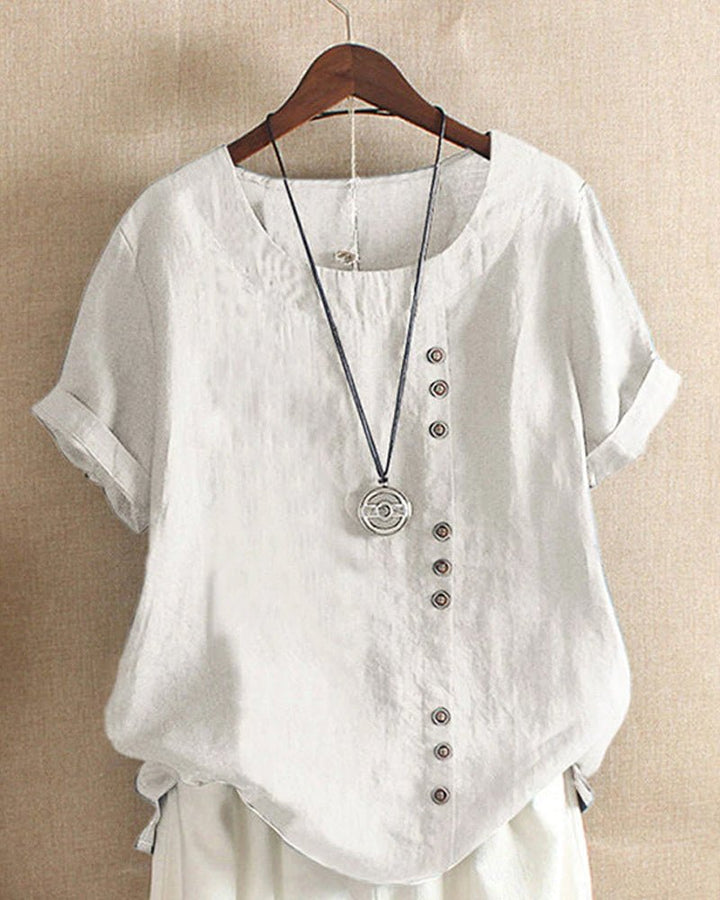 Duttini | Romantic Button Front Crew Neck Short Sleeve Casual Top