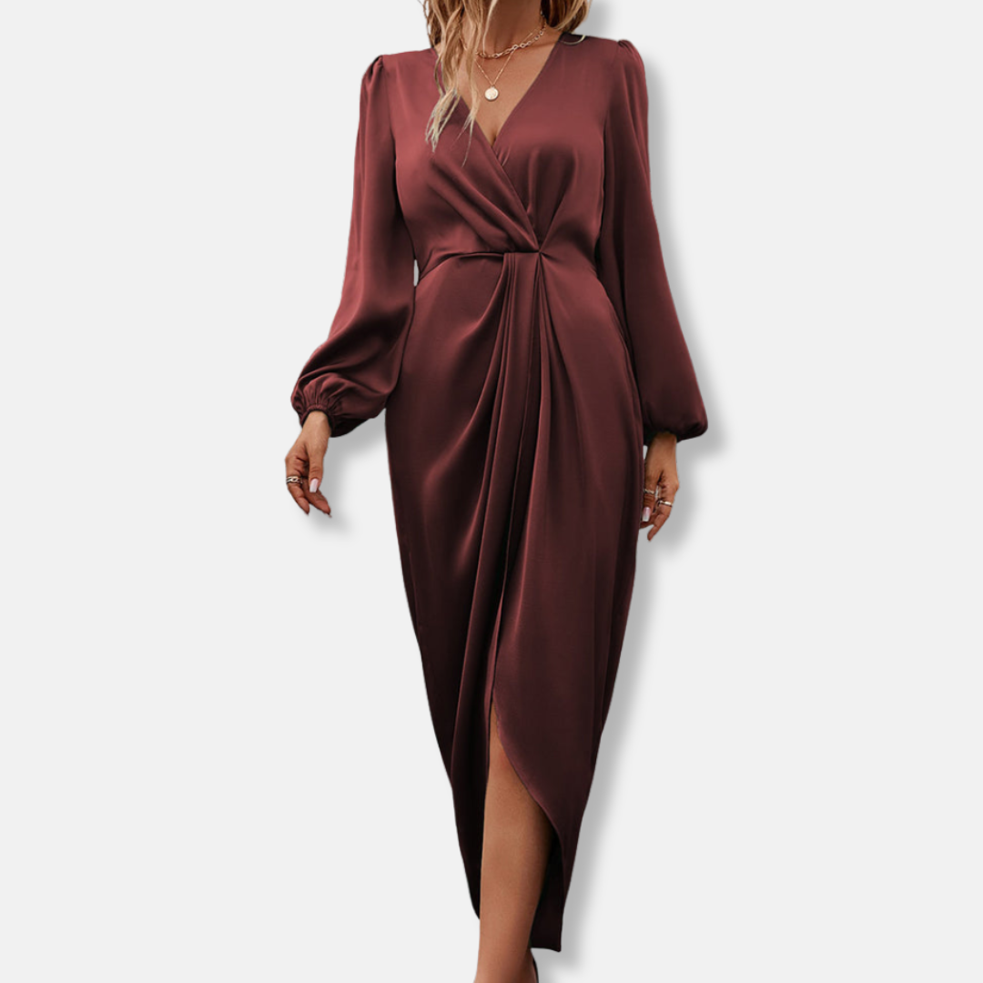 Duttini | Sculpted Draped Satin Midi Dress With Asymmetric Hem