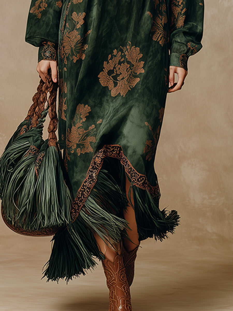 Duttini | Green Faux Suede Tassel Dress