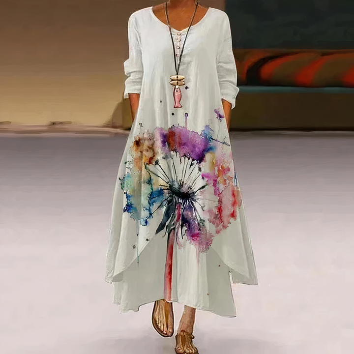 Duttini | Feminine Floral Print Long Sleeve Loose Maxi Dress