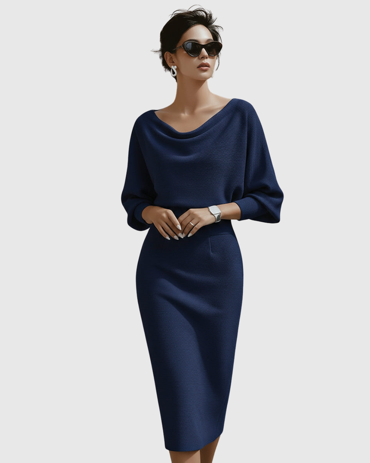 Duttini | Elegant Cowl Neck Batwing Sleeve Ribbed Midi Dress