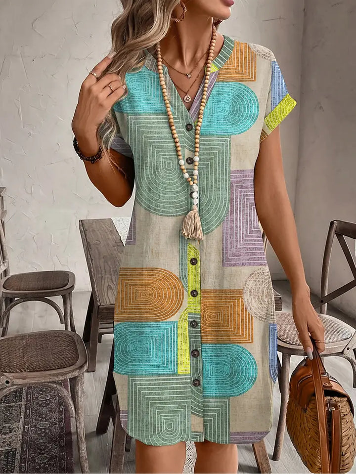 Duttini | Flowing Geometric Print Mini Dress Button Front V-Neck