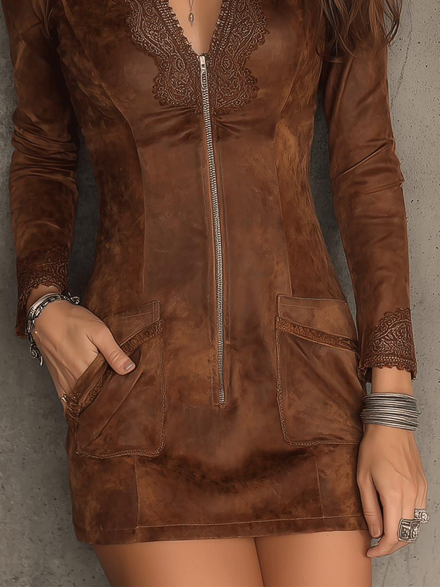 Duttini | Vintage Caramel Brown Lace Trim Dress