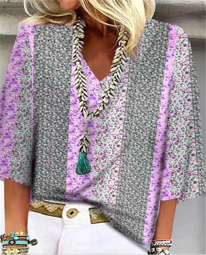 Duttini | Flowing Ditsy Floral Patchwork V-Neck 3/4 Sleeve Top