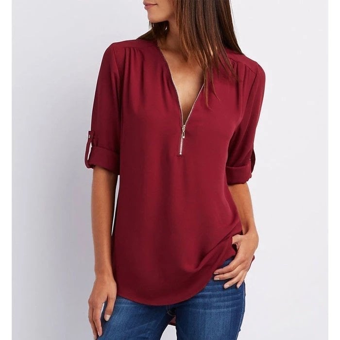 Duttini | Timeless Zip-Up V-Neck Half Sleeve Casual Blouse Top