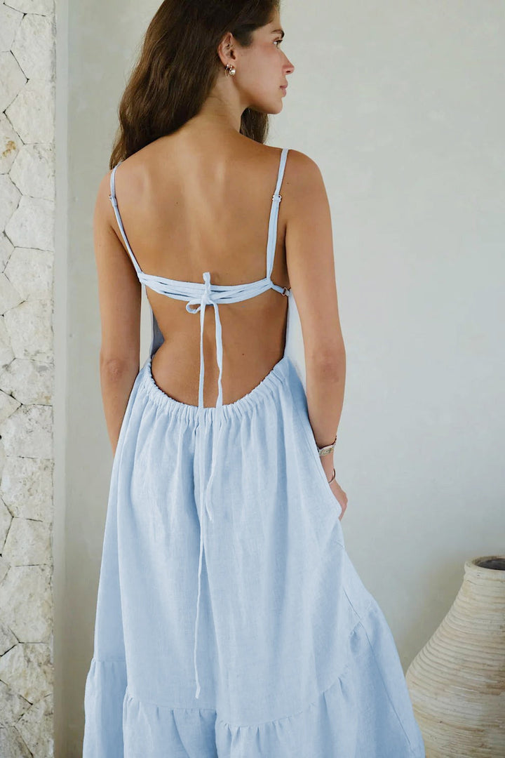 Duttini | Spaghetti Strap Backless Ruffle Maxi Dress