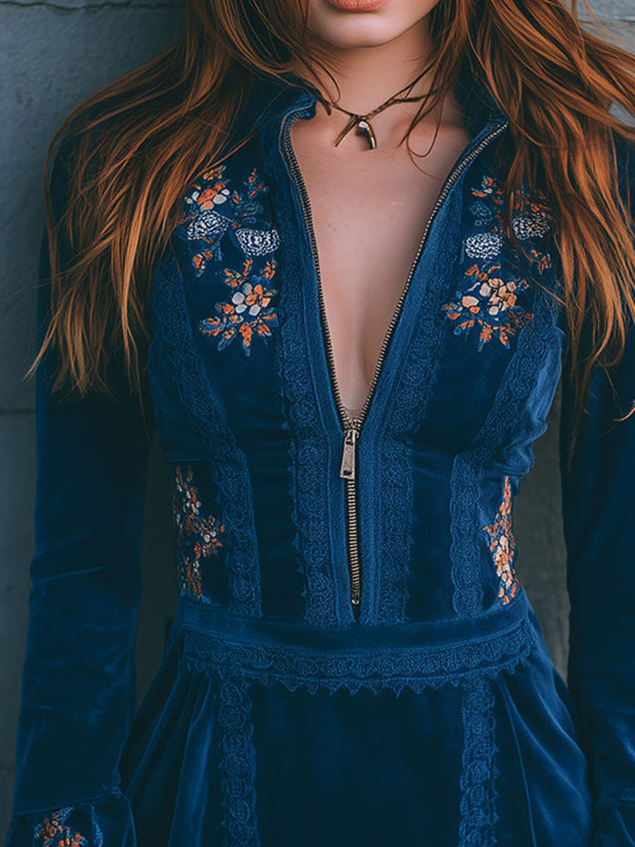Duttini | Blue Velvet Embroidered Casual Dress