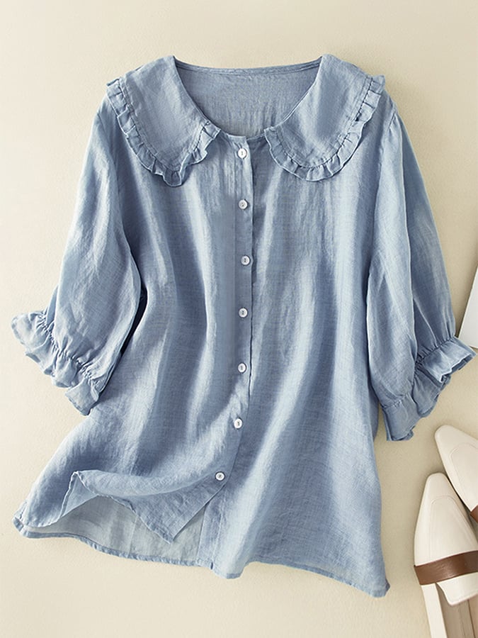Duttini | Modern Ruffled Collar Linen Blend Tunic with Graceful Drape