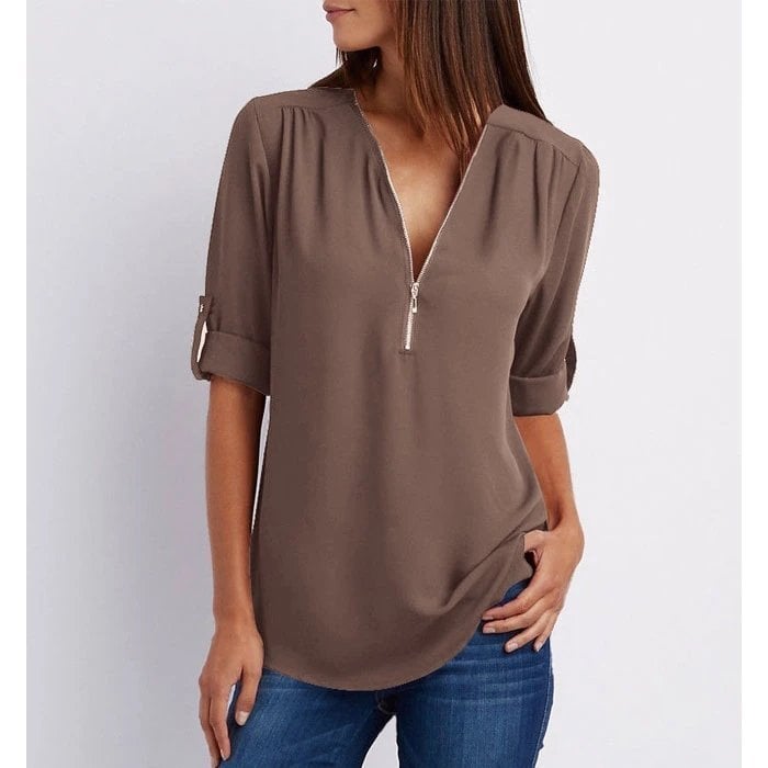 Duttini | Timeless Zip-Up V-Neck Half Sleeve Casual Blouse Top