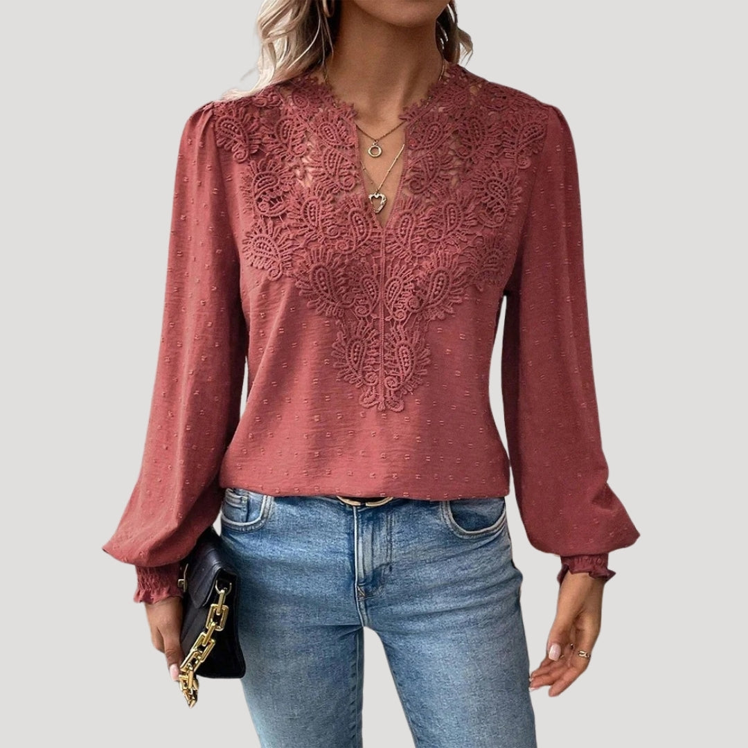 Duttini | Lace Long Sleeve Embroidered Blouse Top