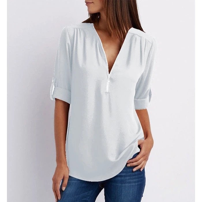 Duttini | Timeless Zip-Up V-Neck Half Sleeve Casual Blouse Top