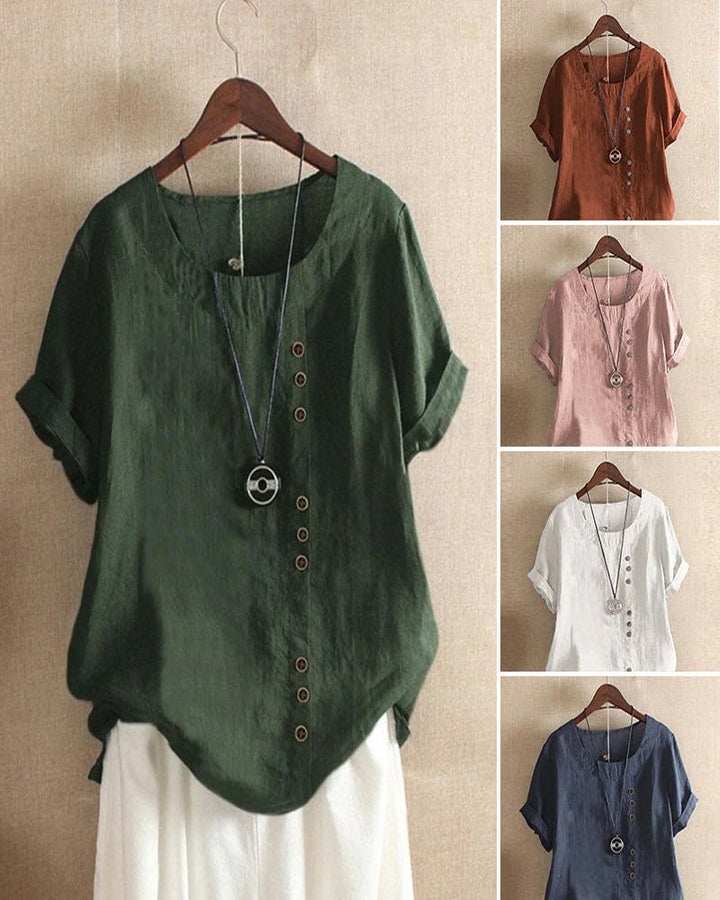Duttini | Romantic Button Front Crew Neck Short Sleeve Casual Top