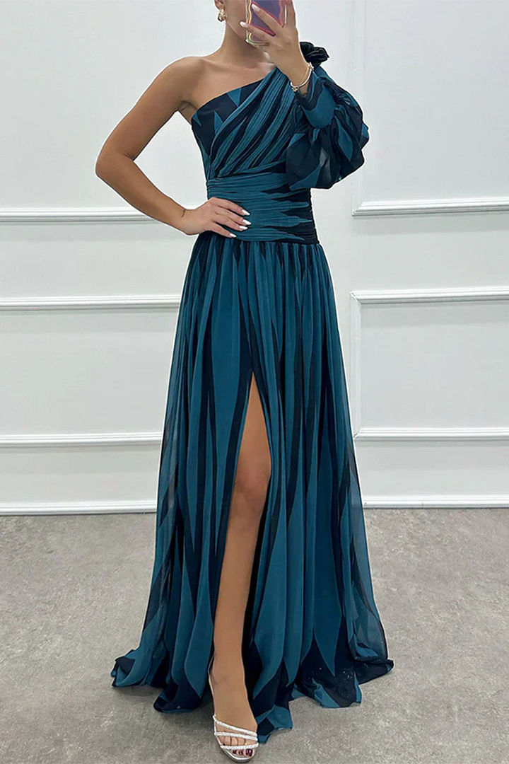 Duttini | Flowing Wedding Guest One Shoulder Asymmetric Maxi Dress