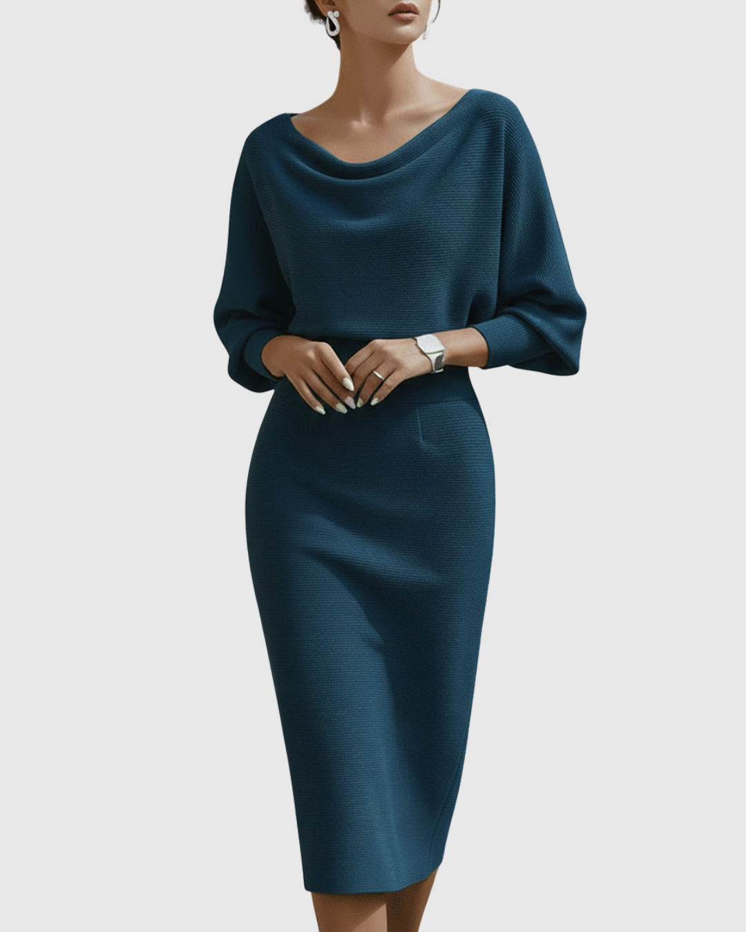 Duttini | Elegant Cowl Neck Batwing Sleeve Ribbed Midi Dress