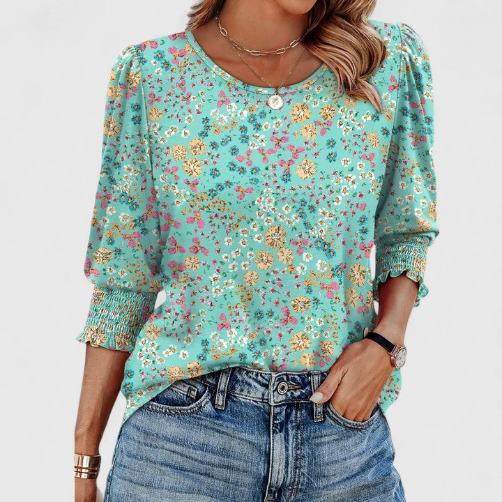 Duttini | Graceful Smocked Cuff 3/4 Sleeve Crew Neck Top