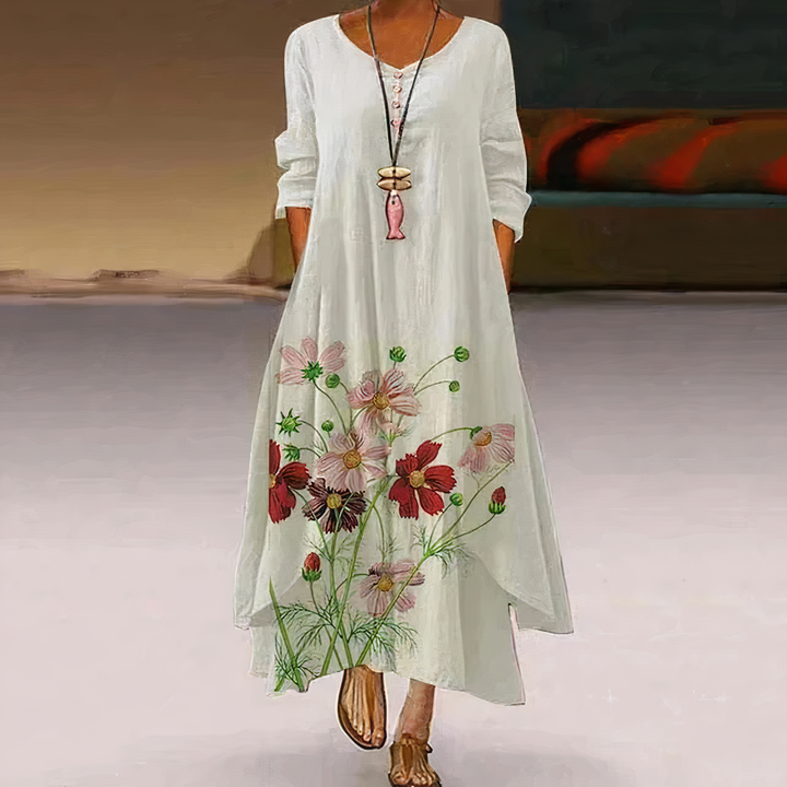 Duttini | Feminine Floral Print Long Sleeve Loose Maxi Dress