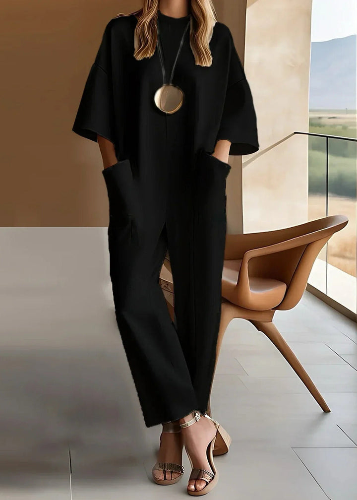 Duttini | Chic Short Sleeve Wide Leg Jumpsuit Crew Neck