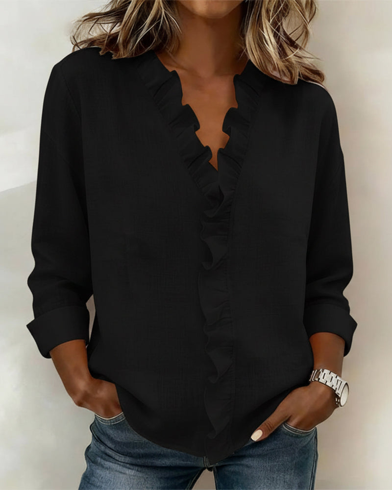 Duttini | Luxe Ruffle V-Neck Long Sleeve Blouse Spring Top
