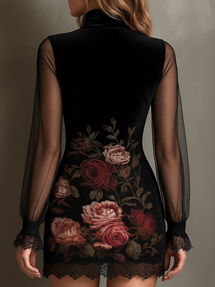 Duttini | Velvet Rose Print Sheer Patchwork Dress