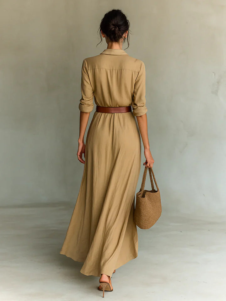 Duttini | Luxe Lapel Long Sleeve Belted Maxi Dress