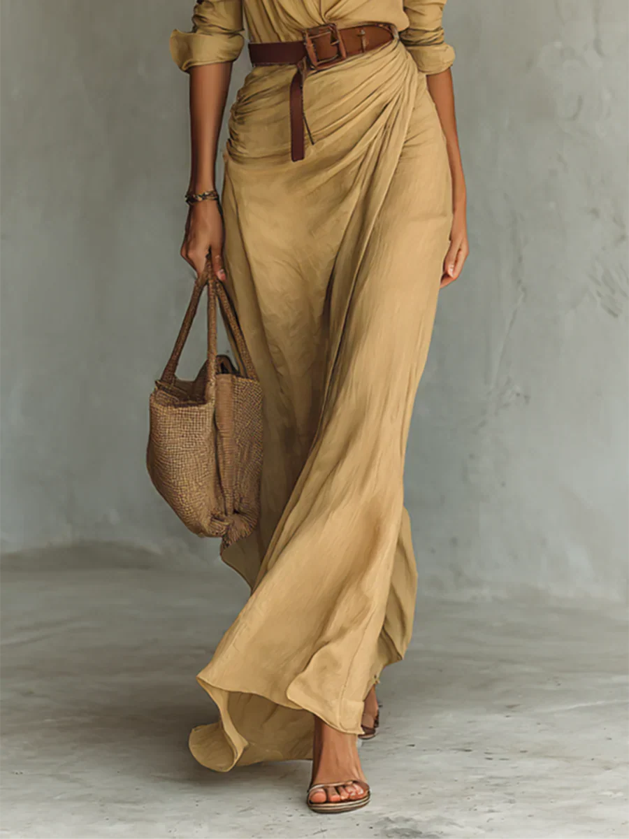 Duttini | Luxe Lapel Long Sleeve Belted Maxi Dress