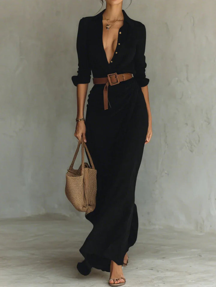 Duttini | Luxe Lapel Long Sleeve Belted Maxi Dress