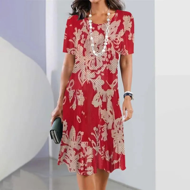 Duttini | Feminine Print Midi Dress Short Sleeve A-Line Casual