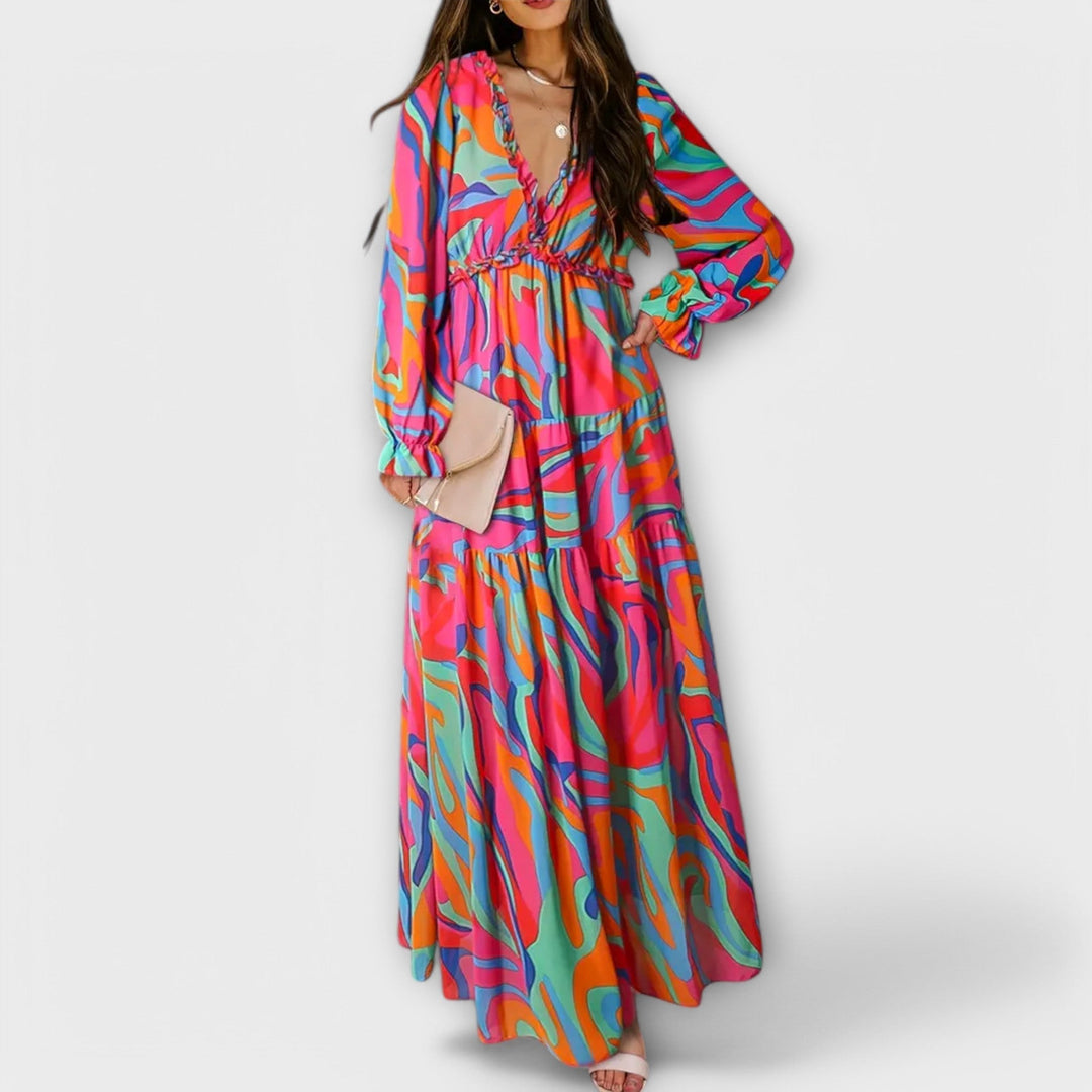 Duttini | Sculpted Floral V-Neck Maxi Dress in a Flattering Cut