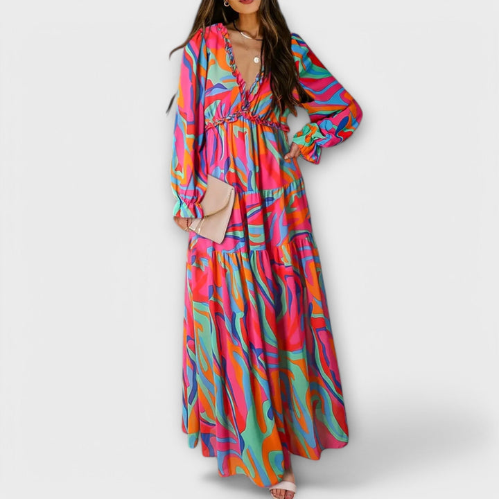 Duttini | Sculpted Floral V-Neck Maxi Dress in a Flattering Cut