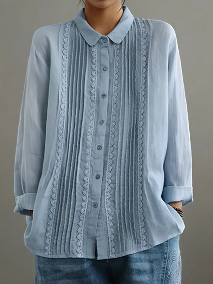 Duttini | Statement Lace Trim Button-Up Long Sleeve Blouse