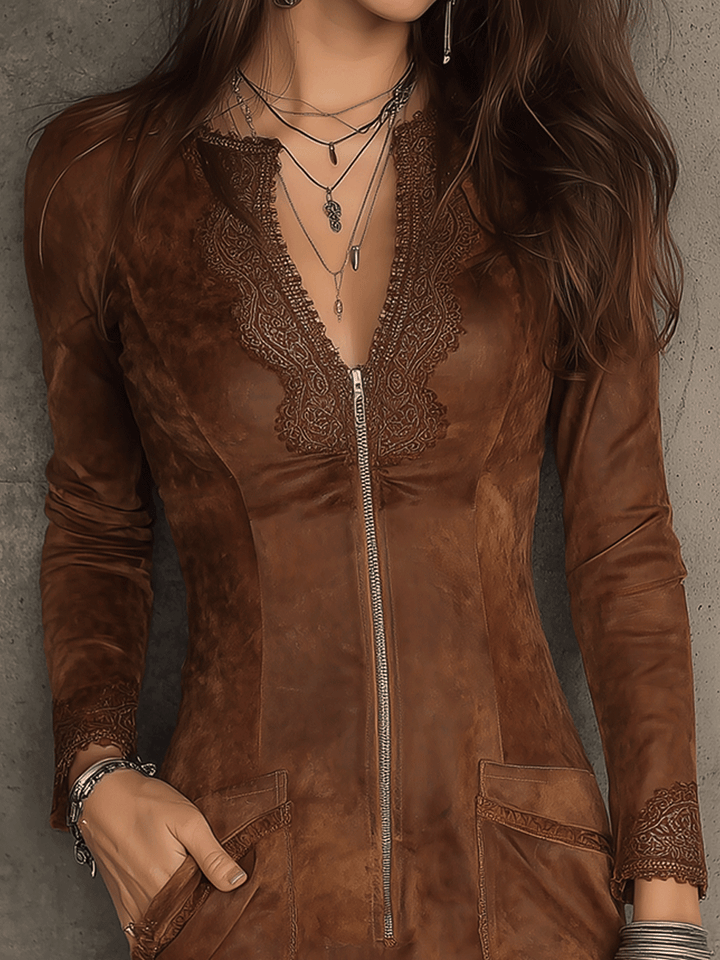 Duttini | Vintage Caramel Brown Lace Trim Dress