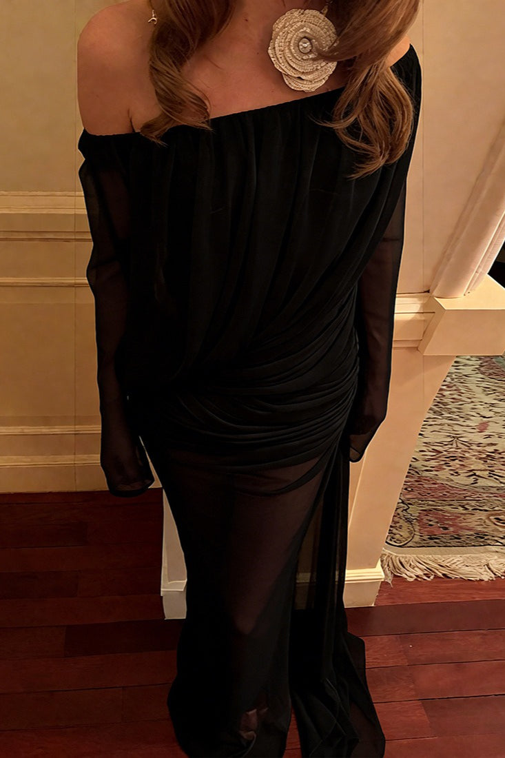Duttini | Solid Mesh Sheer Off Shoulder Ruched Maxi Dress