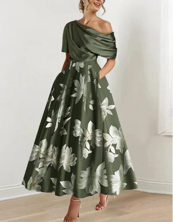 Duttini | White Satin Off-Shoulder Bodycon Printed Dress