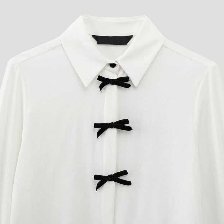 Duttini | Polka Dot Bow Tie Blouse – Long Sleeve Chiffon Shirt