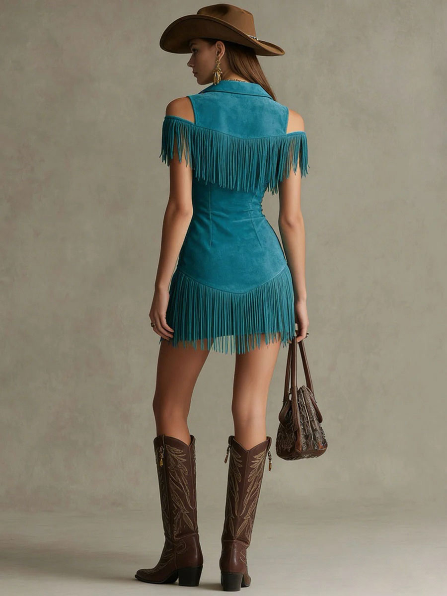 Duttini | Peacock Blue Faux Suede Tassel Dress