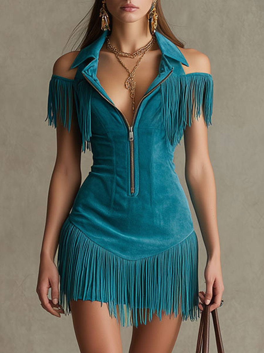 Duttini | Peacock Blue Faux Suede Tassel Dress