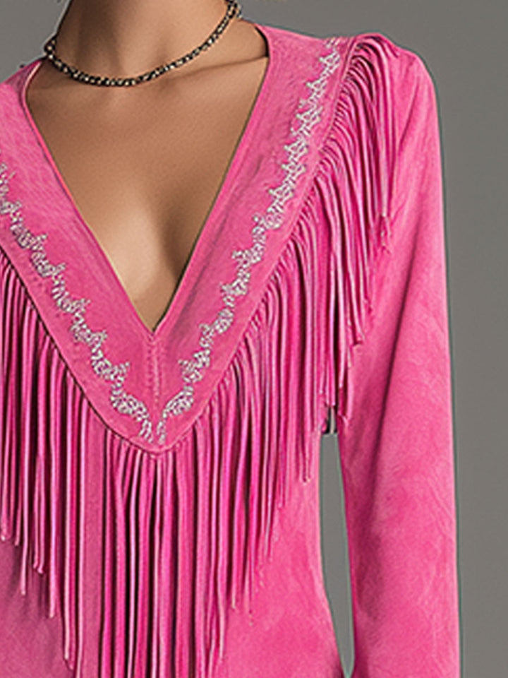 Duttini | Red Faux Suede Tassel Western Dress