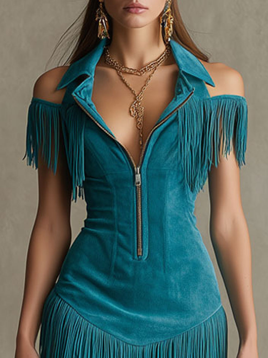Duttini | Peacock Blue Faux Suede Tassel Dress