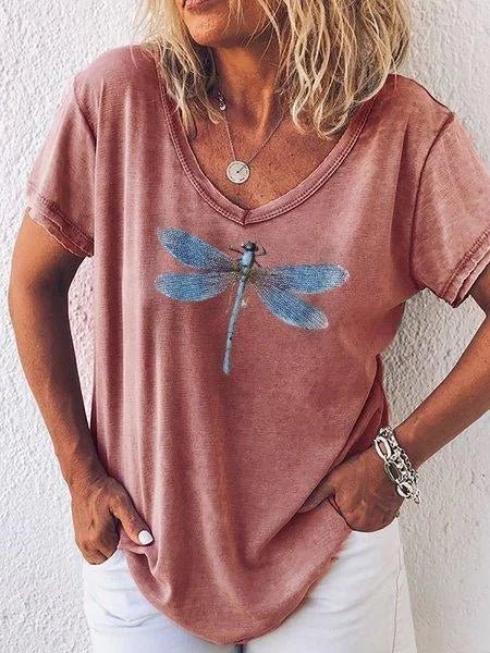 Duttini | Premium Dragonfly Print V-Neck Short Sleeve Casual Tee