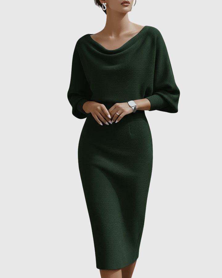 Duttini | Elegant Cowl Neck Batwing Sleeve Ribbed Midi Dress