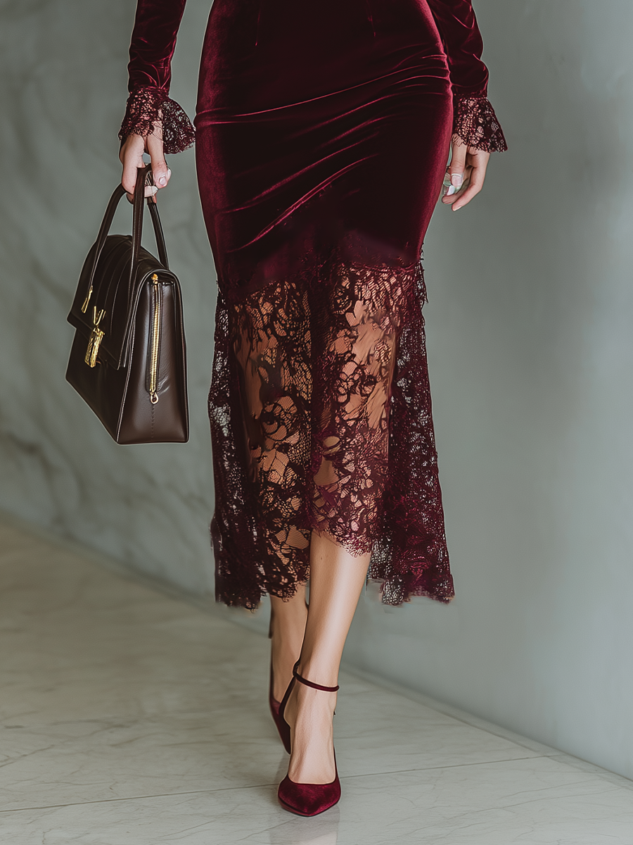 Duttini | Burgundy Velvet Evening Dress